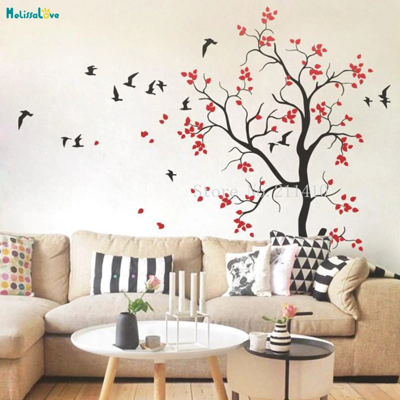 Large Nursery Tree Wall Sticker with Flying Birds and Cute Leaves Home Decoration For Kids Baby