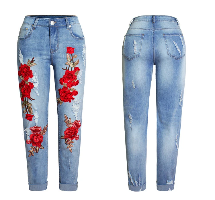 2018 Europe and the United States new women's elastic loose jeans female trousers color flowers 3D three-dimensional embroidered holes jeans have large size (8)