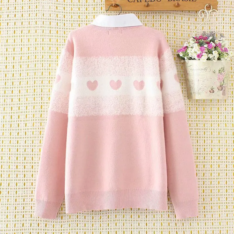 Pearls Knitted Sweater Women Turn-down Collar Pullovers Loose Casual Plus Size Sweater Blue Pink KKFY2948 Pearls Knitted Sweater Women Turn-down Collar Pullovers Loose Casual Plus Size Sweater Blue Pink KKFY2948
