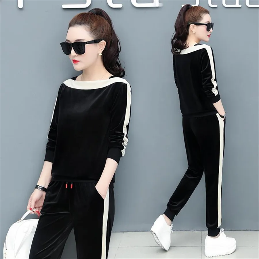 

Spring Autumn Women Sets Sportswear Warm Velvet Tracksuit Hoodie 2pcs Stripe Sweatshirt Pant Sweat Suits Casual Fitting