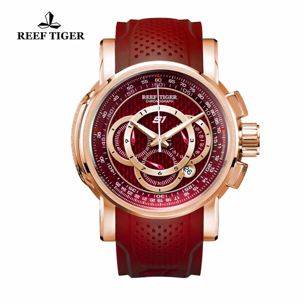 Reef Tiger/RT Sport Quartz Watches for Men Rubber Strap Big Red Dial