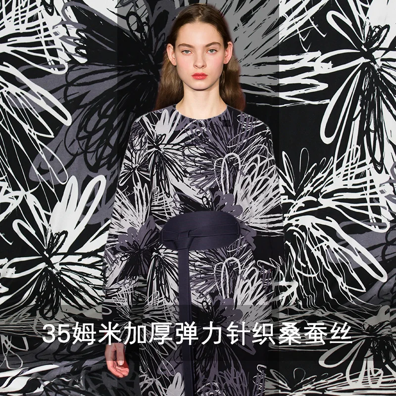 Pearlsilk 35momme трикотажные шелк тутового шелкопряда и хлопок эластичные черные белые с цветочным принтом DIY платье одежда ткани