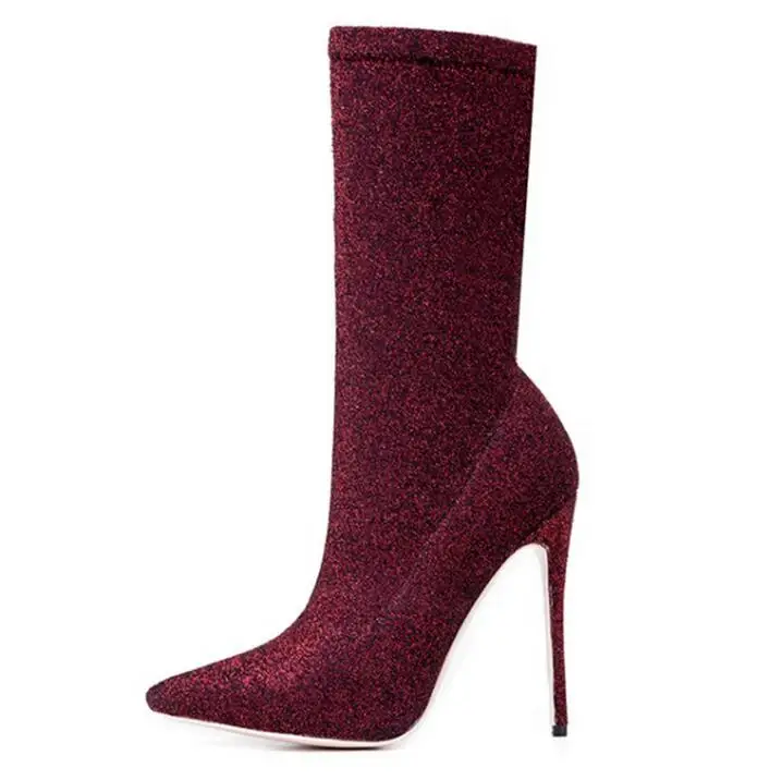 

Hot Selling Wine Red Stretch Fabric Mid Calf Boots for Women Pointed Toe Thin Heels Sock Boots Womens Slip-on Ladies Dress Shoes