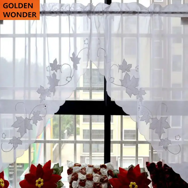 

European Embroidery Finished Maple Curtain Triangular Coffee Kitchen Curtains White Tulle Voile Short Curtain Free Shipping