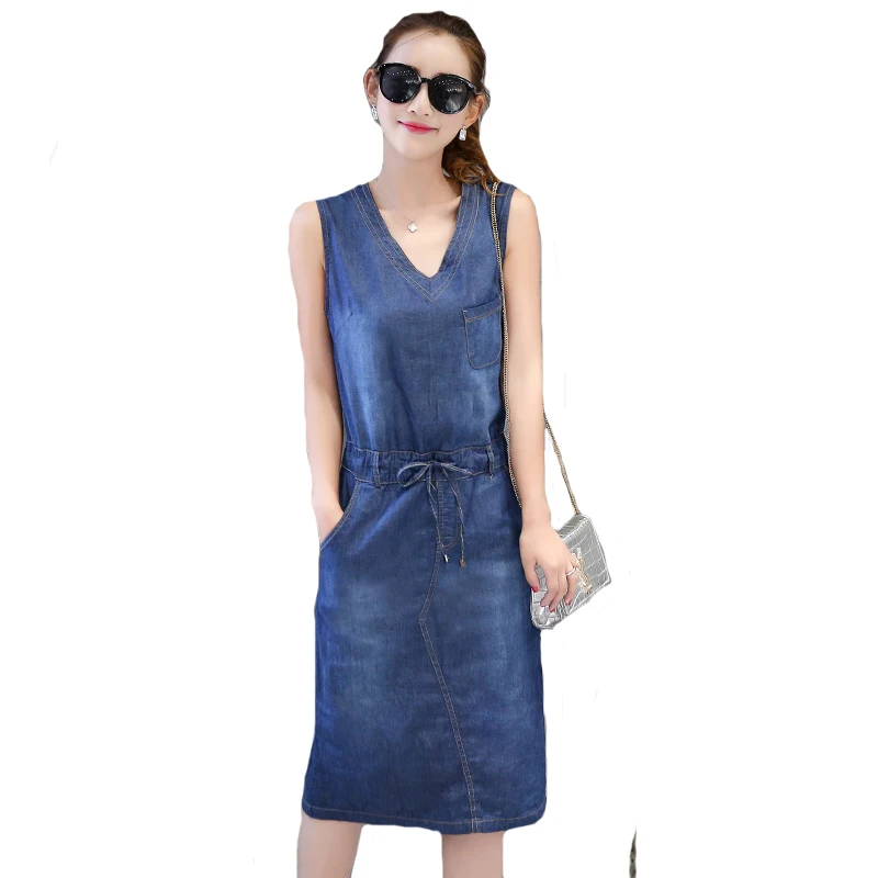 

Summer Denim Dress Women Plus Size Sleeveless Jeans Dress Female Casual V Neck Midi sexy Dresses Vestidos 3XL