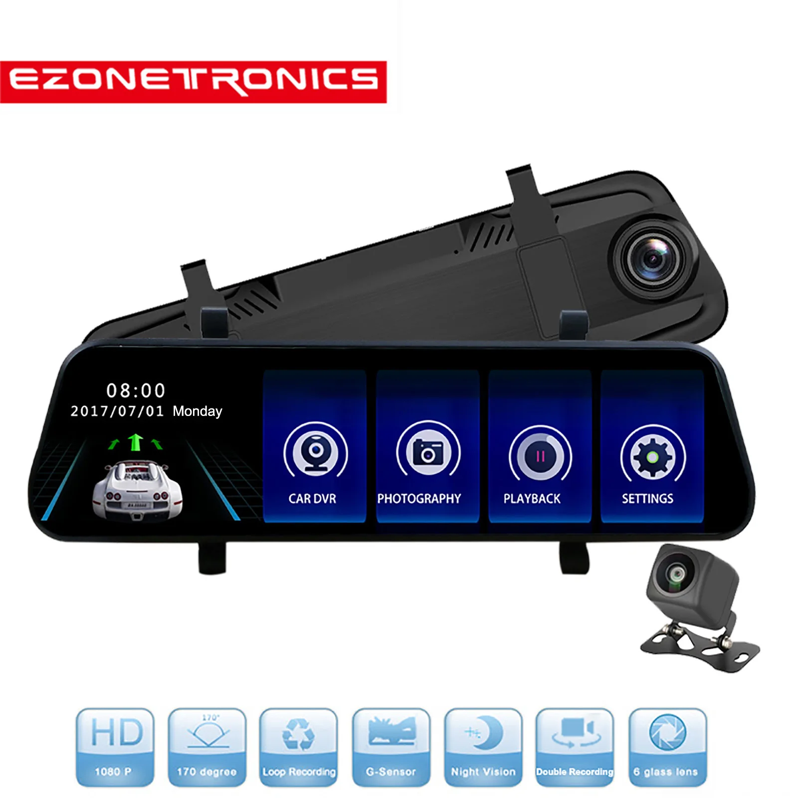 

9.35" Full Touch Screen HD Mirror Dash Camera Dual Lens Reversing Backup Cam Car DVR with FHD 1080P Front Cam and HD 720P Rear