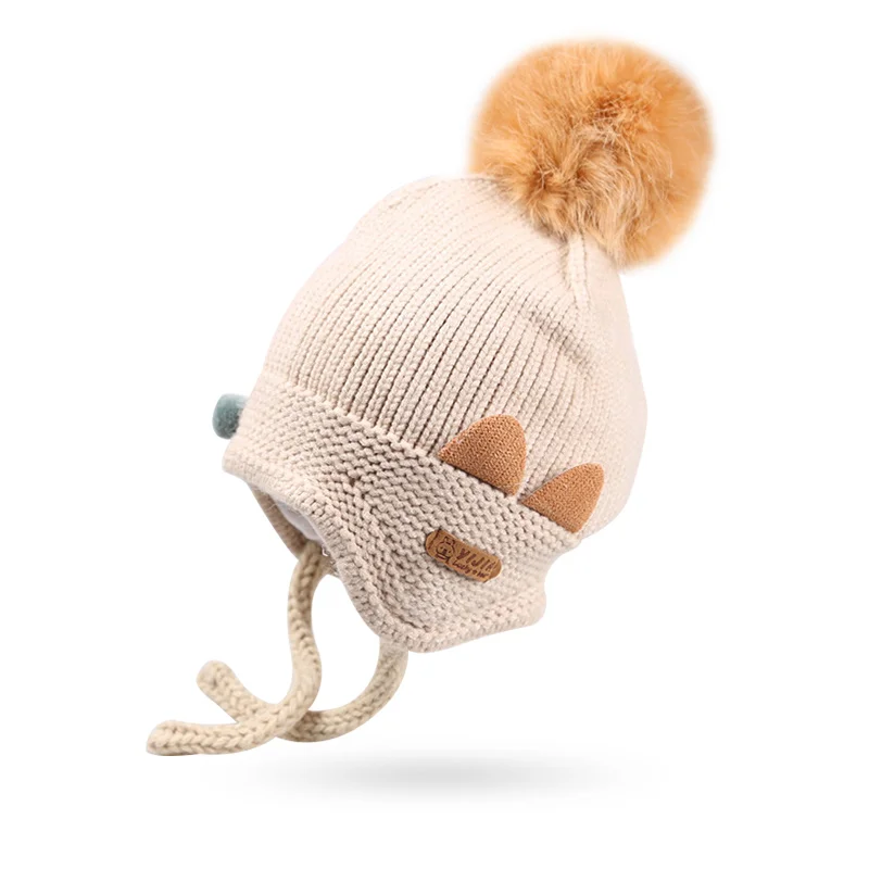 Cat Cartoon Baby Girls Hat Knit Warm Infant Beanie Hat Winter Solid Crochet Hat With Pompom Lace Up Ear Protect Beanie Baby Boy (6)