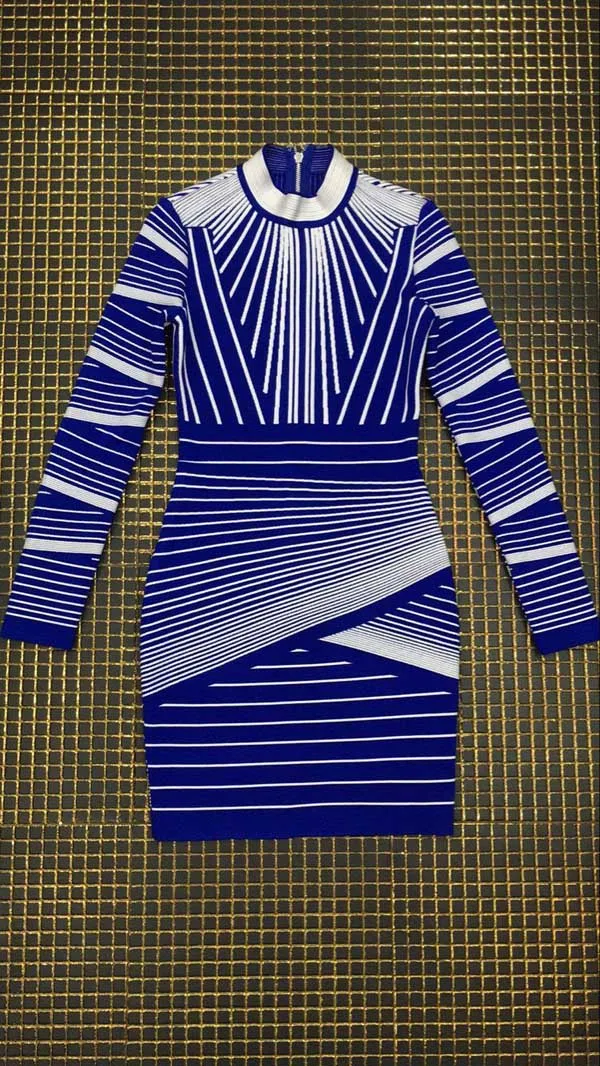 Осень и зима новые платья жаккард с длинным рукавом высокого класса Роскошные Модные Коктейльные Вечерние Бандажное платье(L2635 - Цвет: Синий