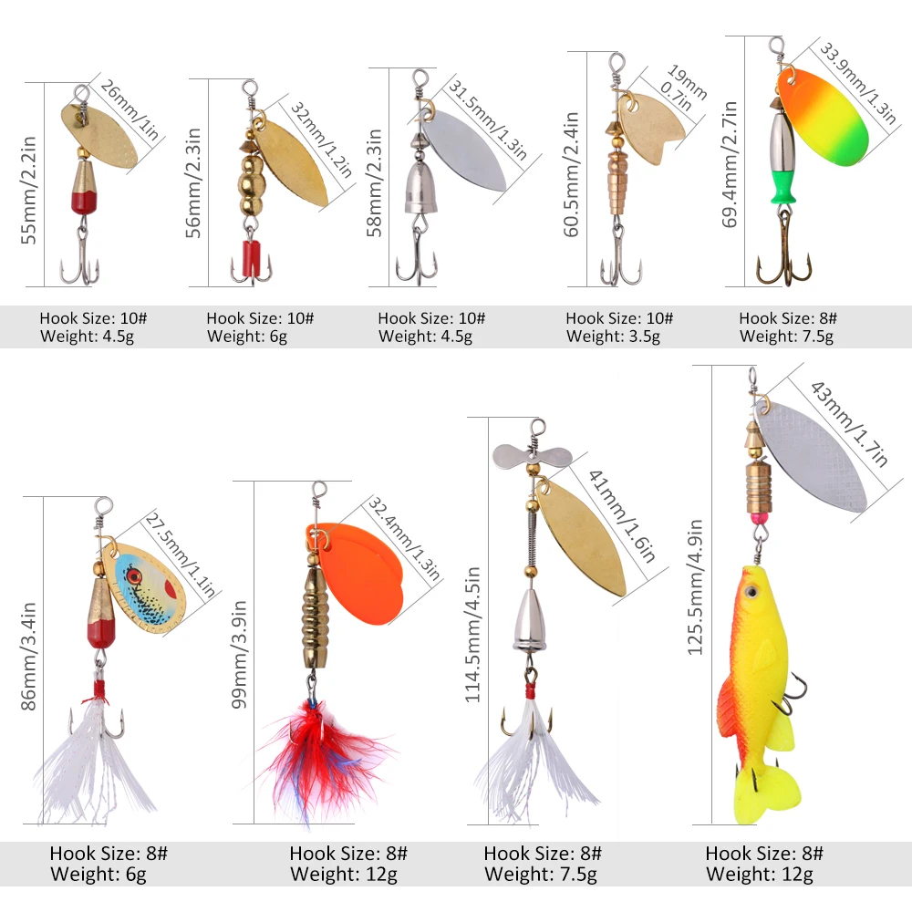 Goture 9 шт./компл. Spinner наживка, металлическая ложка приманка для рыбалки 3,5g-12g жесткая искусственная приманка Спиннербейт приманка, плавающая приманка, всё для рыбалки