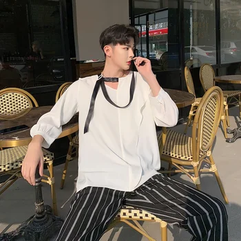 

Male Streetwear Party Dress Shirt Couple Clothing Men Summer Lotus Leaf Collar Ribbons Loose Casual White Pullover Shirt