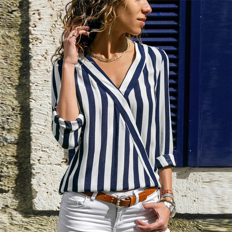 

Casual Women Striped Blouse Autumn Loose Chiffon Blouses Long Sleeve V-neck Shirts Tops
