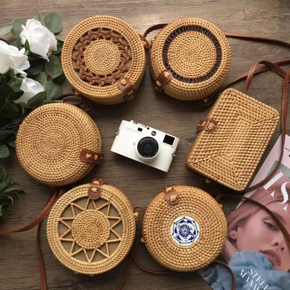 خمر اليدوية الروطان المنسوجة حقائب كتف بو أشرطة جلدية القوس غلق بمشبك عطلة الشاطئ Crossbody حقيبة رسل النساء حقيبة يد