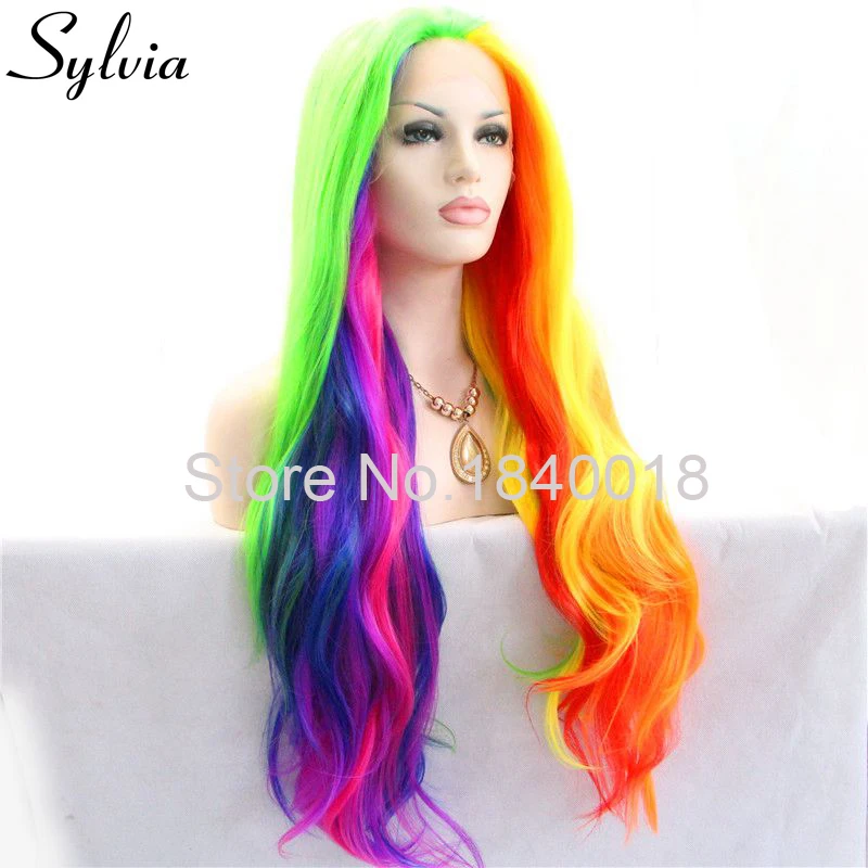 Sylvia Смешанные Красочные средства ухода за кожей волна синтетический синтетические волосы на кружеве Искусственные парики зеленый/синий/розовы