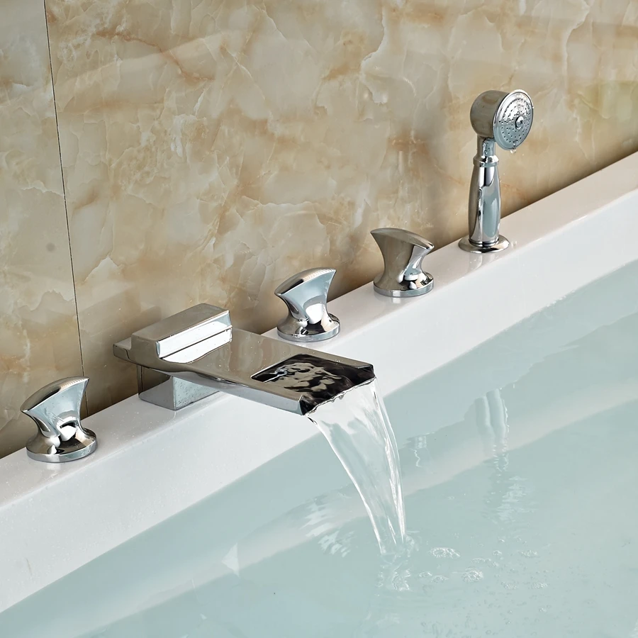 Deck Mounted Chrome Brass Long Spout Waterfall Bathroom Basin Faucet