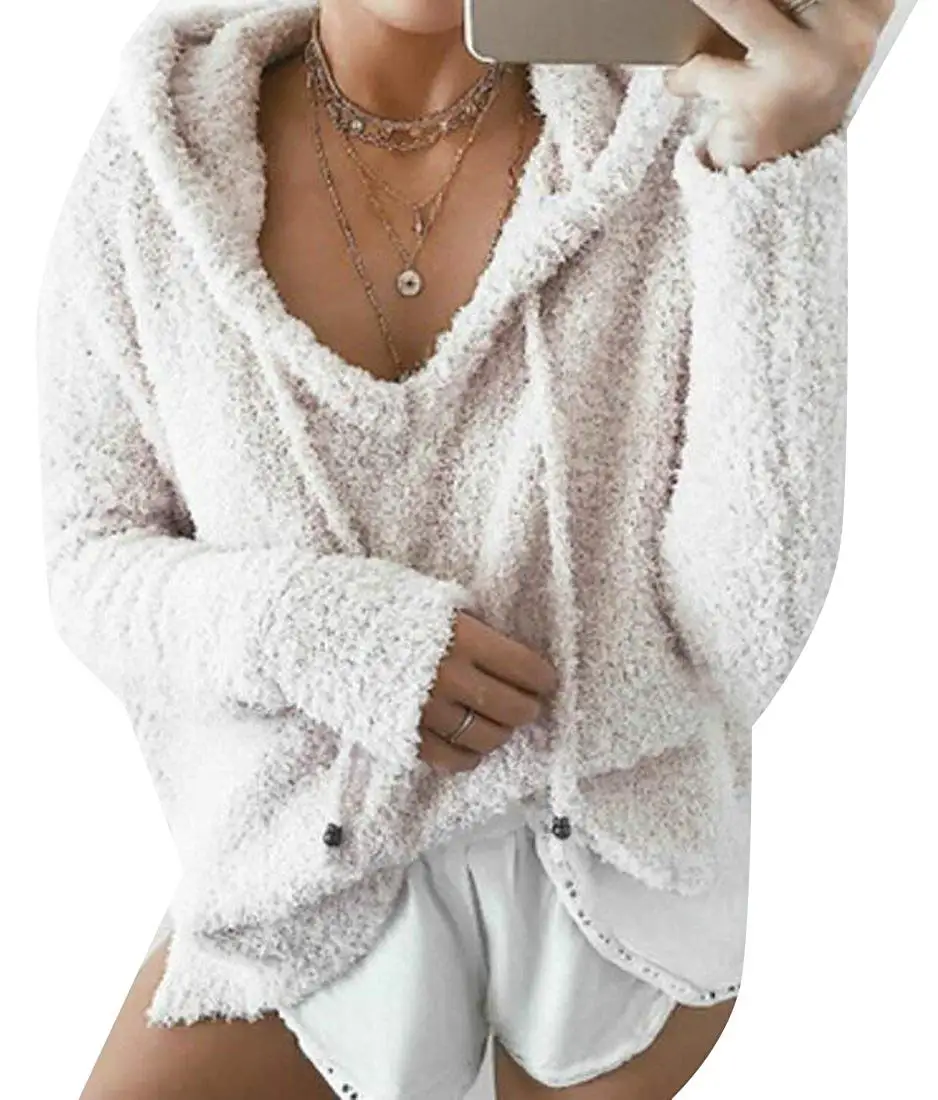 Womens Long Sleeve Faux Fur Drawstring Loose Pullover Hoodie Sweatshirt-in Hoodies & Sweatshirts 