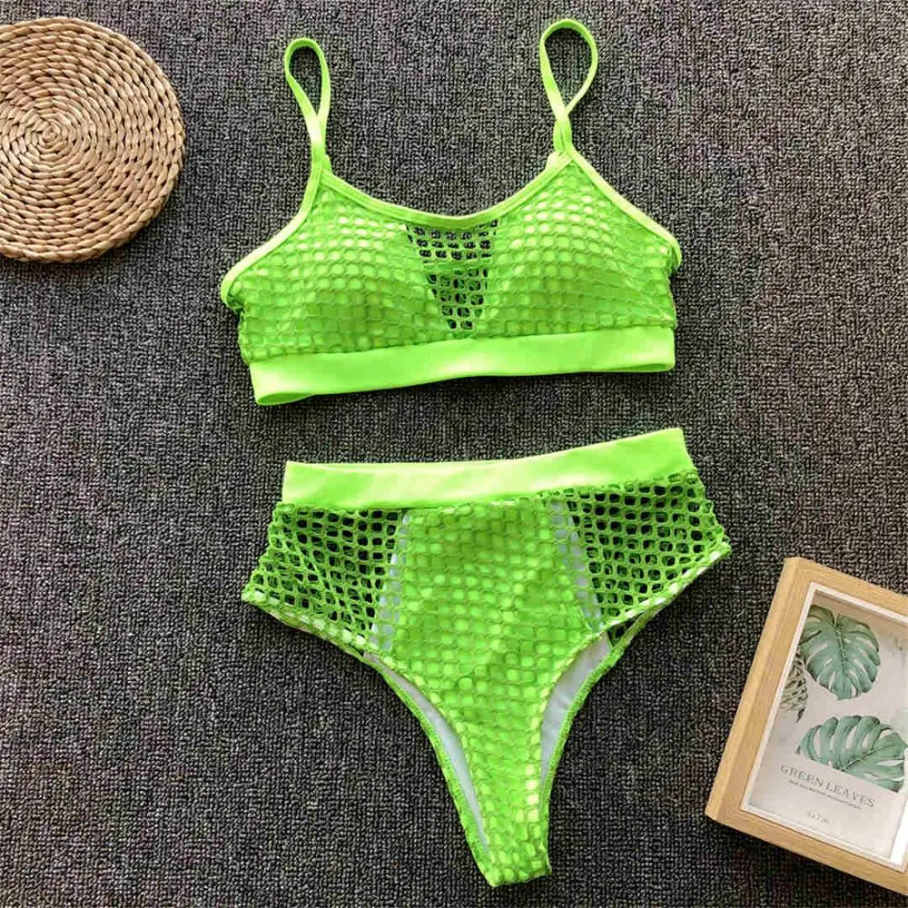 Сексуальный сетчатый купальник, бикини с высокой талией,, женская одежда для плавания, комплект бикини из двух предметов, купальный костюм с высокой талией, одежда для плавания V1488 - Цвет: Neon Green