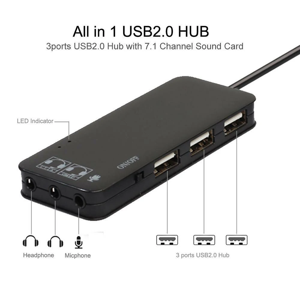 Док-станция USB 2,0 Интерфейс внешний 7.1CH звуковых карт 3-Порты и разъёмы USB 2,0 наушники с микрофоном 7.1CH Звуковой адаптер мульти Порты сплиттер