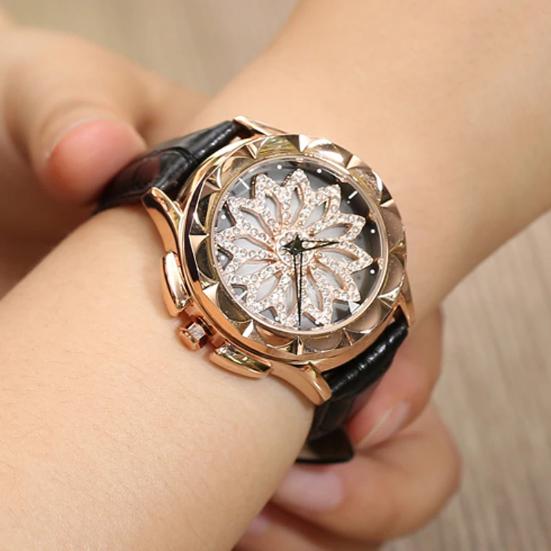

TIBOAT fashion genuine Leather women watches 360 degrees Rotating dial crystal diamond quartz watch rhinestone reloj mujer