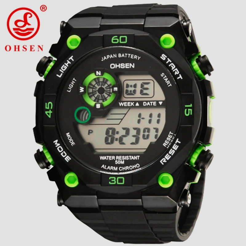 

Famous OHSEN Brand Digital LCD Mens Outdoor Sport Waterproof Watch Wristwatches Silicone Strap Green Fashion Clock orologio uomo