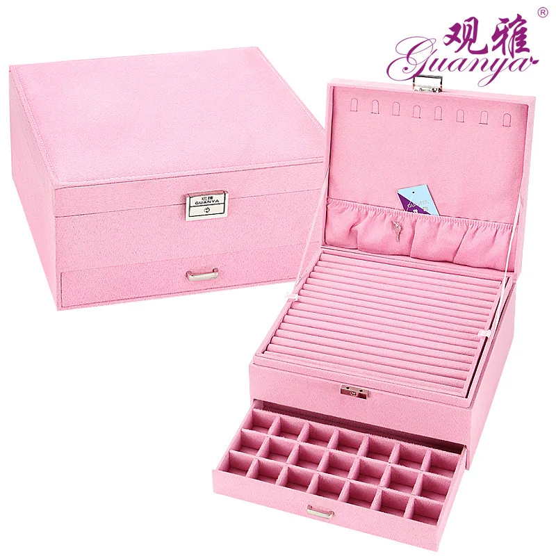 Гуаня красный, розовый, фиолетовый чехол из бархата, деревянные коробки, Лидер продаж, модный большой ящик для ювелирных изделий, органайзер для хранения, чехол для переноски s Box - Цвет: light pink