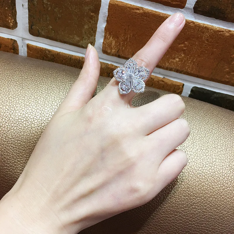 Новое роскошное кольцо из стерлингового серебра 925 пробы в форме цветка, большие кольца с фианитом для женщин, свадебные помолвки, модные вечерние ювелирные изделия, кольцо