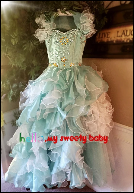 Cheap Blue Little Girls Pageant Dresses Ruffle Crystal Beading Sequins Organza Floor Length Long Little Girls Party Dresses 2016