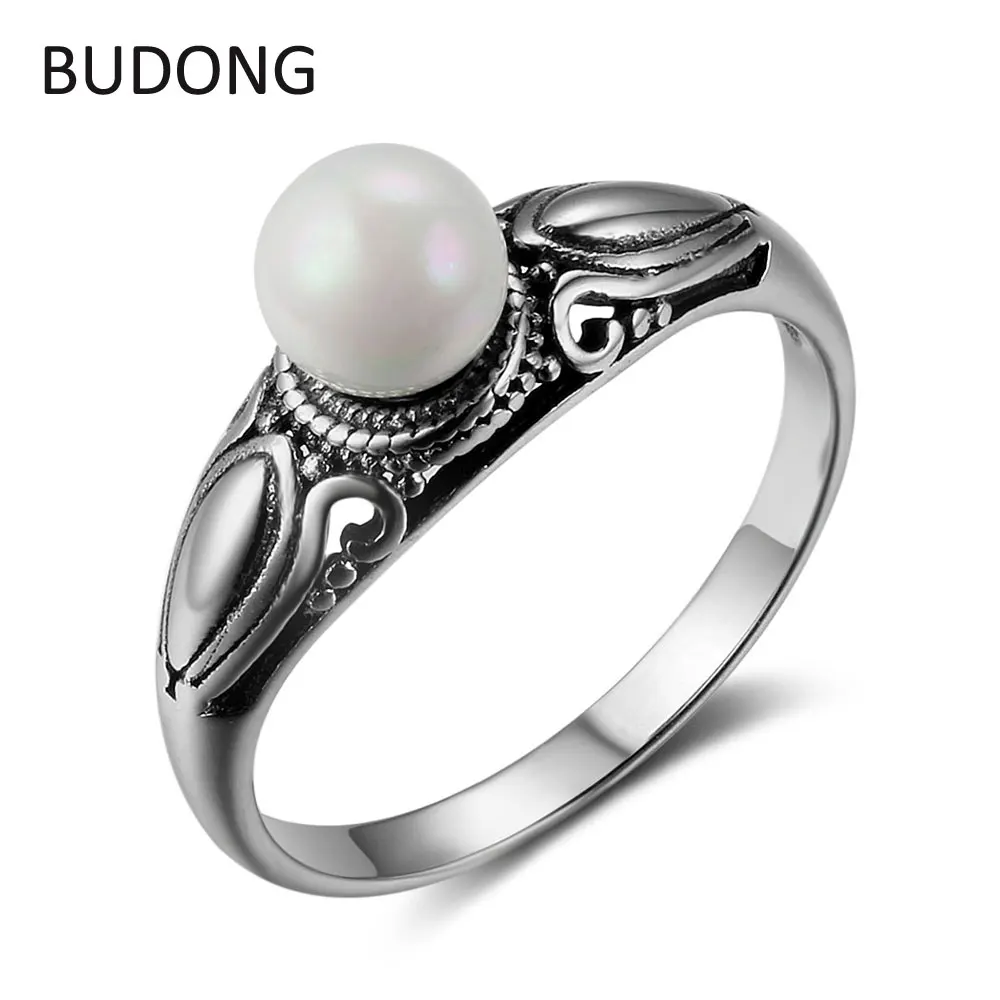 BUDONG Real 925 Sterling Silver Rings Female Simulated Pearl Vintage