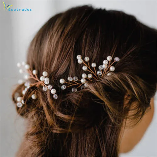 

Shiny Wedding Hairpins Gold Metal Crystal Pearl Bride Hair Sticks Queen Jewelry Ornaments Romantic Prince Headdress Hair Fork