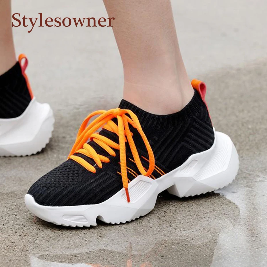 Stylesowner/ кроссовки; модная дышащая вязаная обувь на шнуровке; обувь на толстой подошве; женская обувь для отдыха на плоской платформе