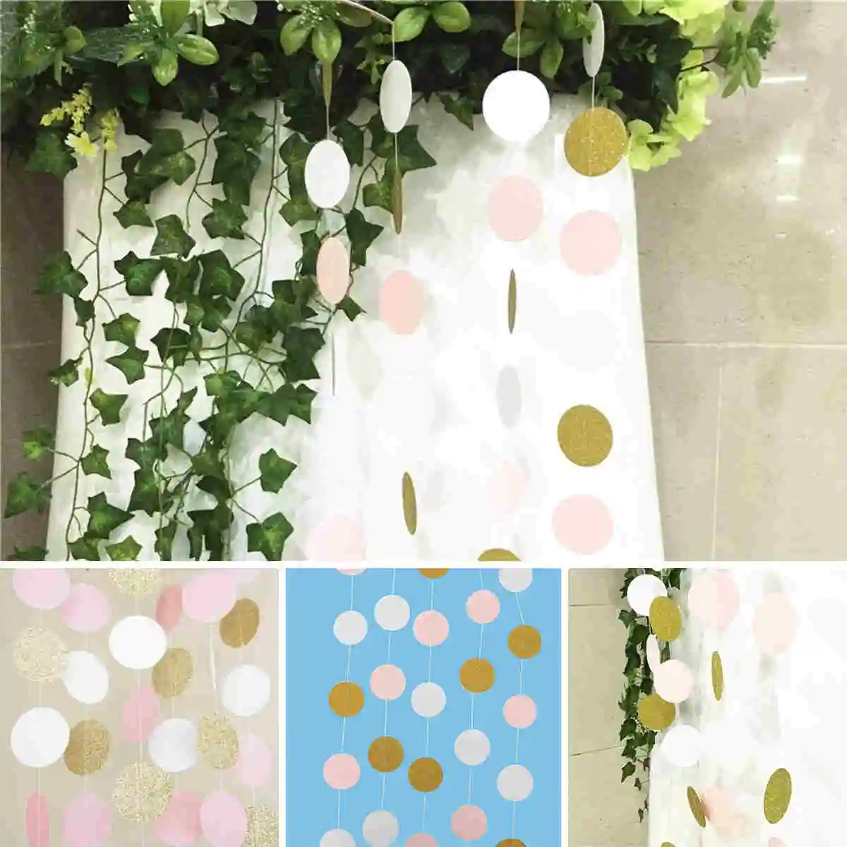 300CM Pink White & Gold Glitter Circle Polka Dots Paper Garland Banner 10FT New Decor