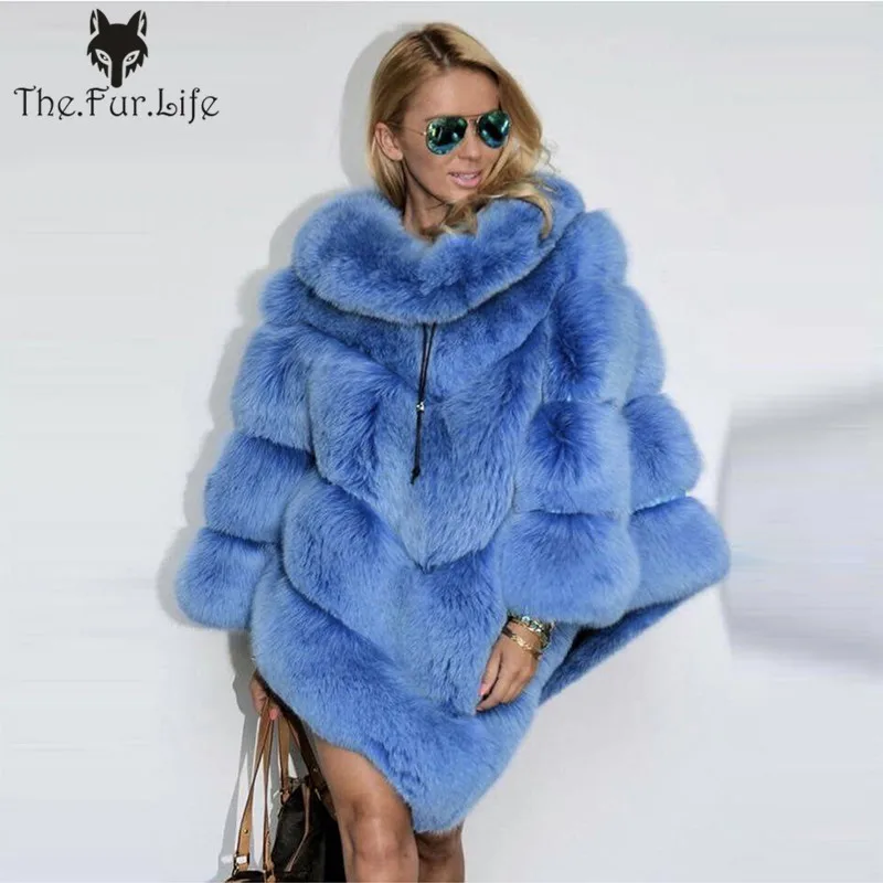 Пончо из натурального меха для женщин, зимнее теплое вязаное меховое пальто из лисьего меха, женские пончо и накидки, роскошные женские шали и накидки из лисьего меха - Цвет: Blue