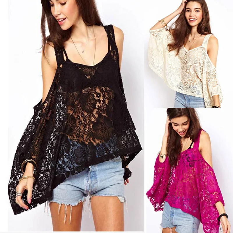 2015 nueva moda anchas ganchos de encaje hueco la flor de manga corta del hombro elegante mujeres del verano ocasional flojo de la blouse|blouse blouses - AliExpress