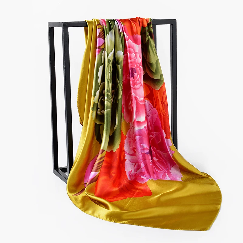 

90*90 Silk Scarves for Women Print Foulard Satin Square Head Hijab Scarfs For Ladies Luxury Brand Shawls Bandana Large Scarf