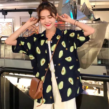 

Summer Women Beach Short Sleeve Turn Down Collar Blouse Women Shirt Fruit Print Shirts Blouses Couple Casual Loose Blusas