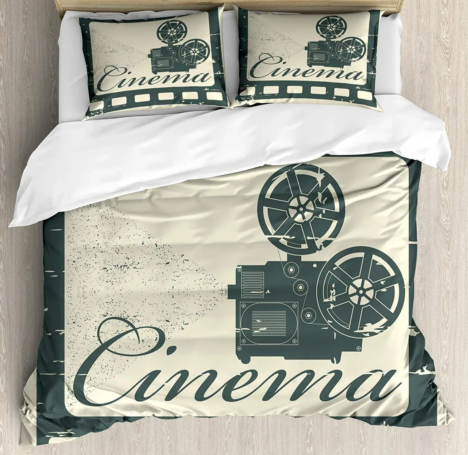 Movie Theater Queen Size Duvet Cover Set Grunge Poster Design Strip Frame Cinema Lettering and Projection Bedding Set