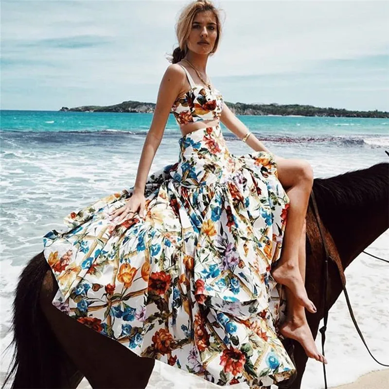 

Bohemian Summer dress 2019 Colorful floral Print Beach Dress Women two Sexy crop top Two-piece set Party Maxi Dress