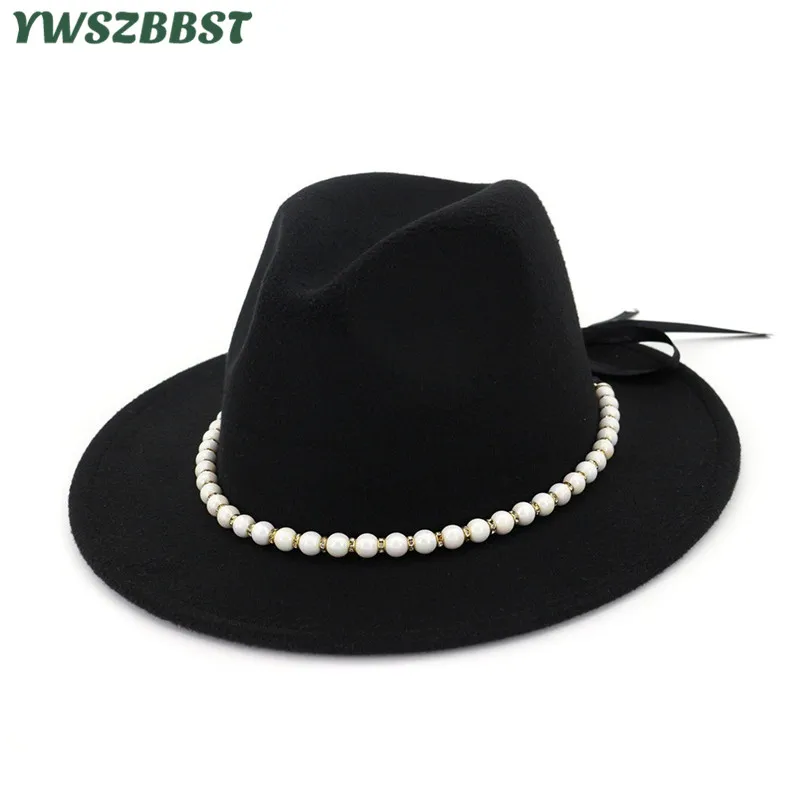 Elegant Wide Brim Winter Hats For Women British Style Pearl Ribbon Felt