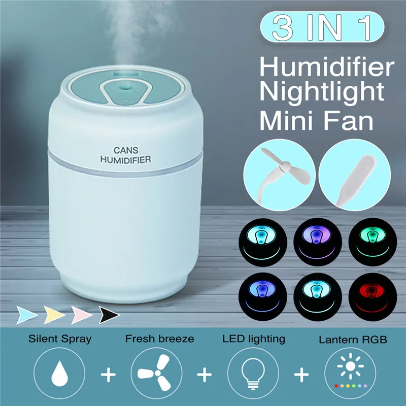 

3 in 1 Air Humidifier with Mist Fan Led Night Light USB Rechargeable Fan Air Diffuser for Home Office Car