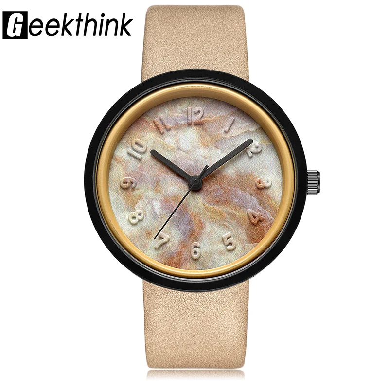 

GEEKTHINK Creative Fashion Quartz Watches Women Brand Leather Strap Ladies Casual Dress Clock Female Girls Marble Carving