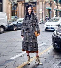Chic women plaid tweed coat 2018 Fall winter elegant loose overcoat Korean style belted coat D655 flounce trim belted coat
