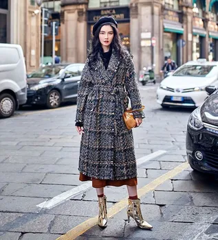 

Chic women plaid tweed coat 2018 Fall winter elegant loose overcoat Korean style belted coat D655