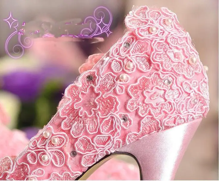 Ручная работа романтический розовый кружевной атласный горный хрусталь жемчуг свадебные туфли свадебные модельные туфли женские модельные туфли Size34-42