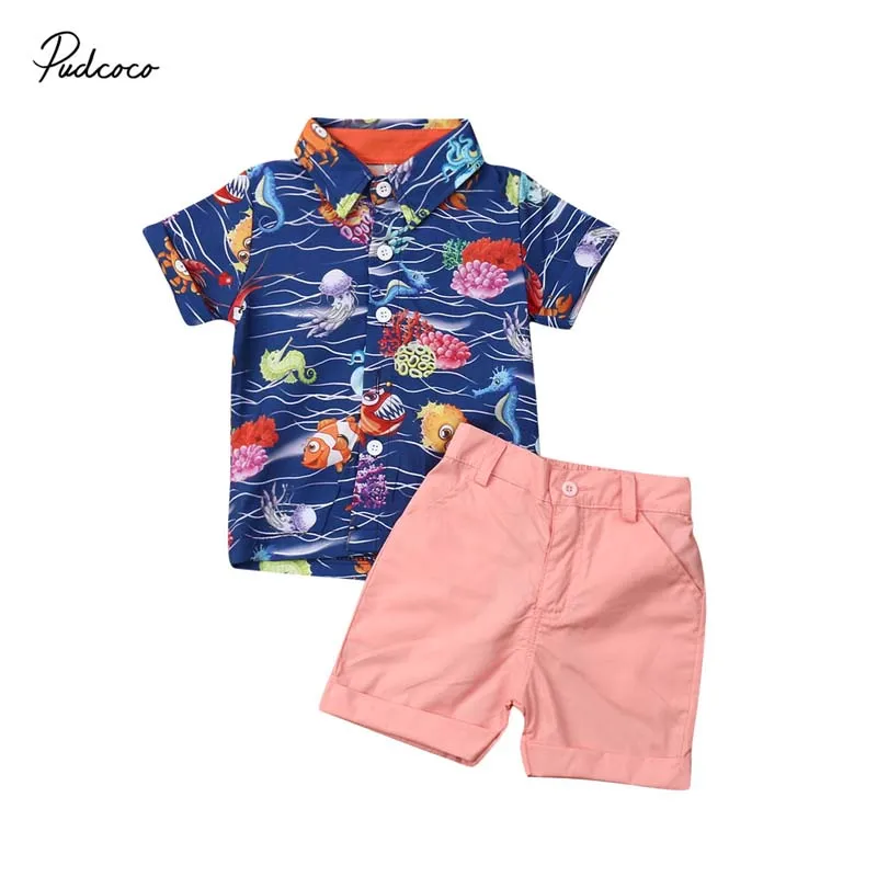 

2019 Brand 2pcs/Set Kids Boy Summer Casual Clothes Sea Animal Print Shirt Top+Shorts Outfits Summer Holiday Beachwear Kids Set