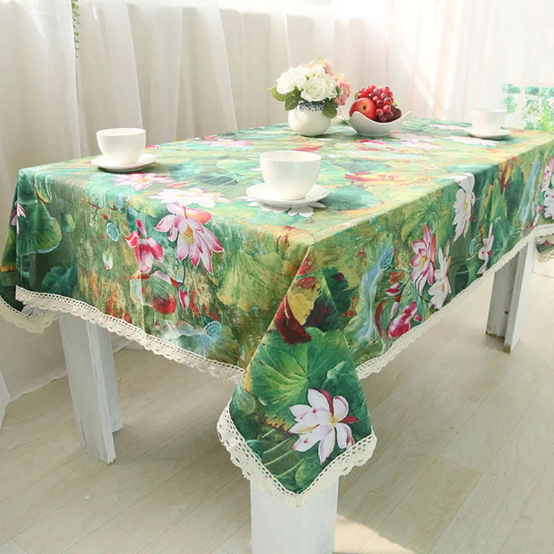Chinese Style Lotus Cotton Tablecloth Vintage Flower Printed Rectangle