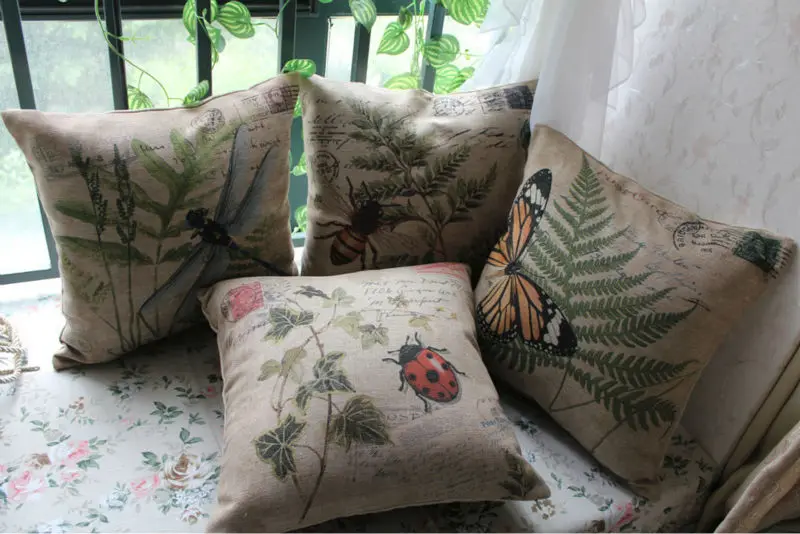 

LINKWELL 18"x18" 1PC Dragonfly Ladybug Butterfly French Country Style Bee and Green Leaf Burlap Pillowcase Throw Cushion Cover