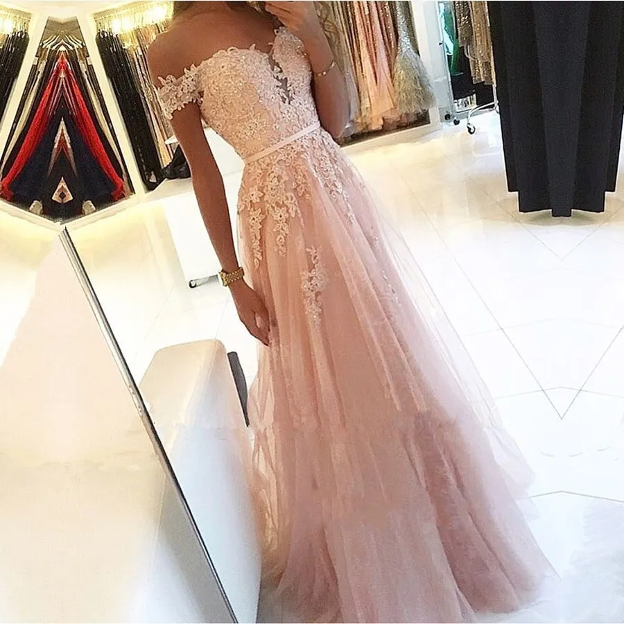 Pink 2021 Prom Dresses A-Line Off the Shoulder Sweetheart Beaded Lace Tulle Long Gown Evening Party Robe De Soiree | Свадьбы и