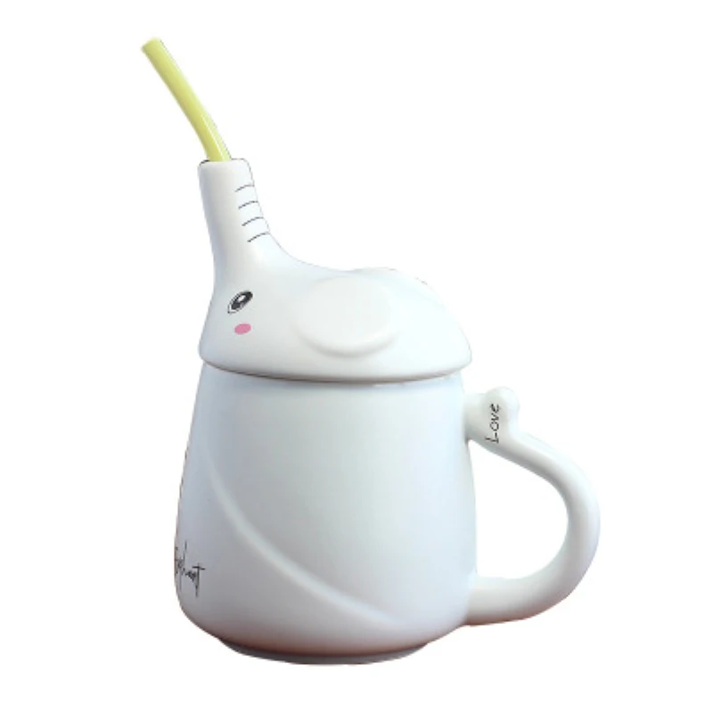 

430ml Lovely Ceramic Mug Cartoon Long Nose Elephant With Straw And Lid Cup Coffee Milk Tea Cup Home Office Decor Kid Gift