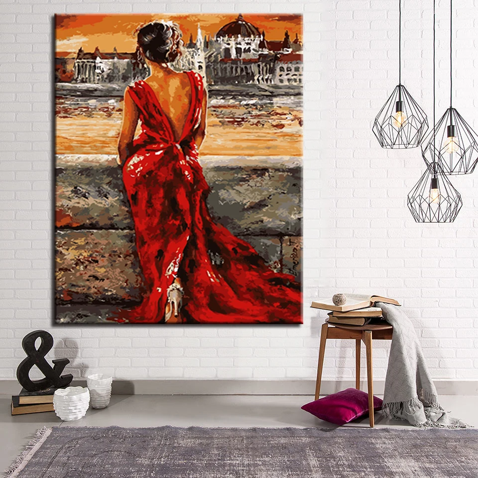 

DIY By Numbers Oil Painting Drawing Beautiful Red Skirt Woman Canvas Framework For Living Room Coloring Calligraphy Pictures