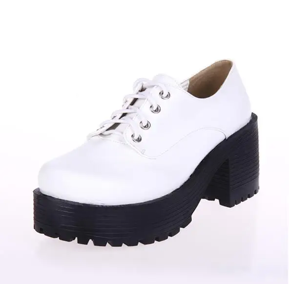 White Punk Lace up Oxfords Vegan Leather with Short Block Heel and Chunky Treaded Soles