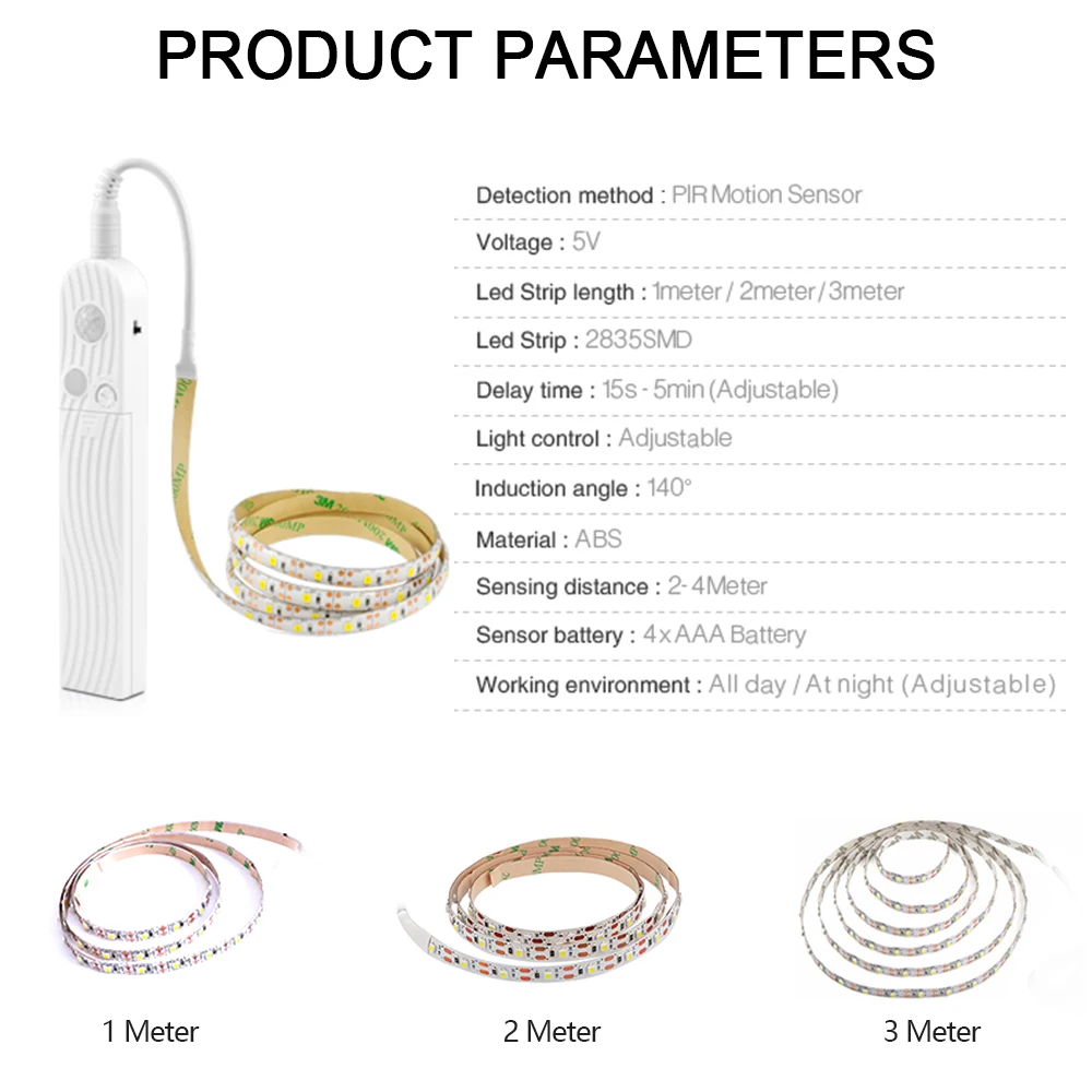 Беспроводной PIR датчик движения светодиодный шкаф для кровати ночной Светильник 5 в 2835 Светодиодная лента питание от батареи типа ААА Гибкая лампа освещение 1 м 2 м 3 м